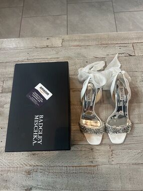 Badgley Mischka White Satin Crystal-Embellished Heels
